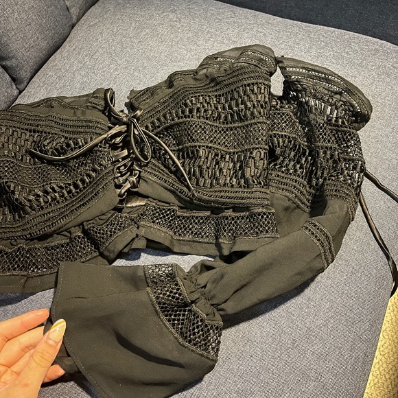 Bardot off shoulder black lace crop top summer coastal boho top - Picture 4 of 5